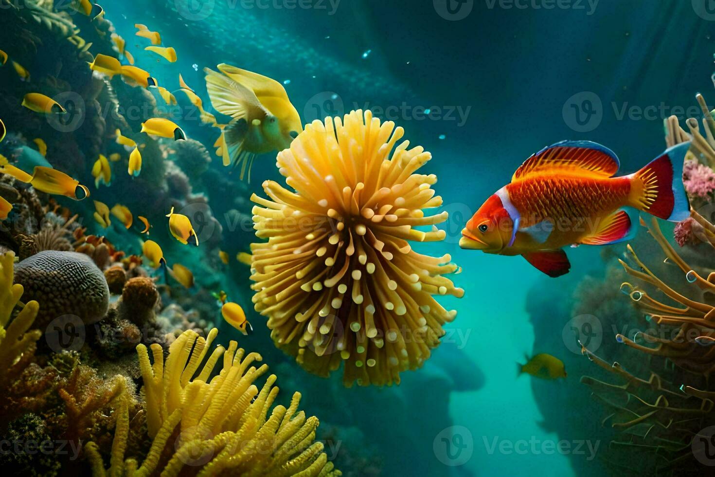 un Orange pitre poisson nage dans le océan avec anémones. généré par ai photo