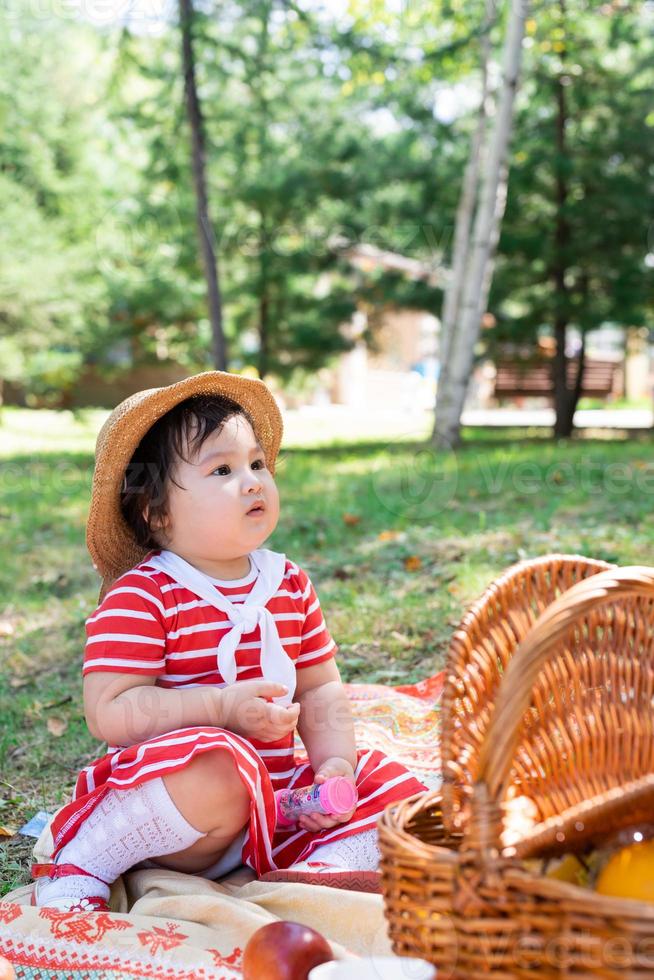 mignon petit bébé dans une robe rouge et un chapeau srtaw sur un pique-nique dans le parc photo