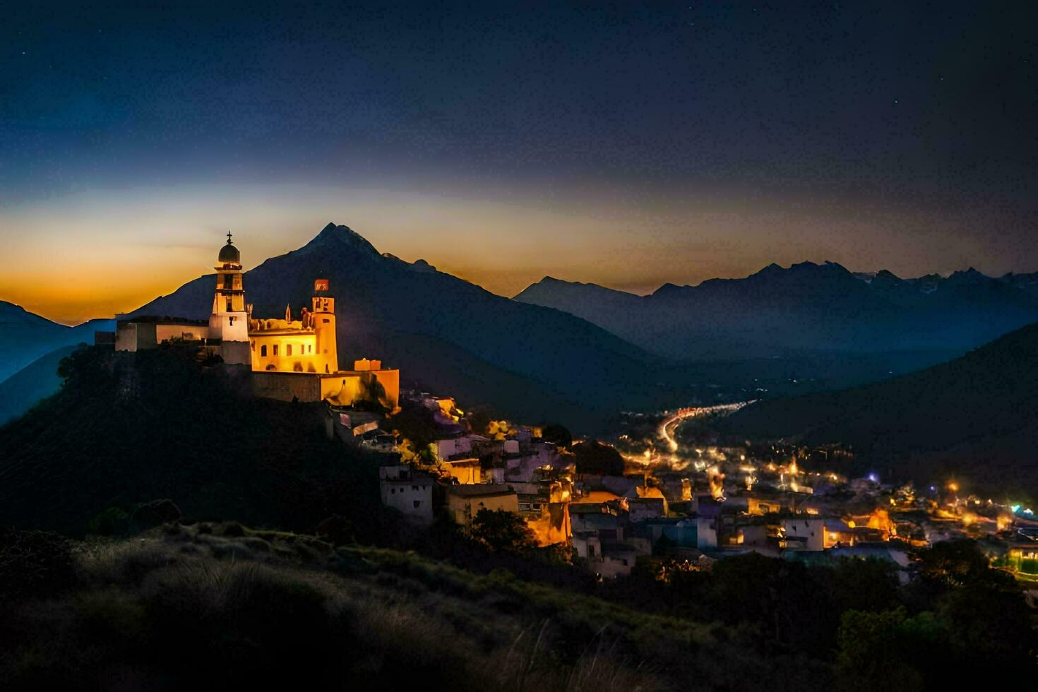 photo fond d'écran le ciel, montagnes, nuit, le ville, le village, le église, le. généré par ai