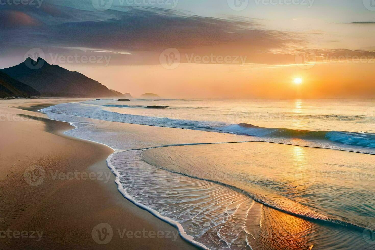 le Soleil monte plus de le océan et le vagues sur le plage. généré par ai photo