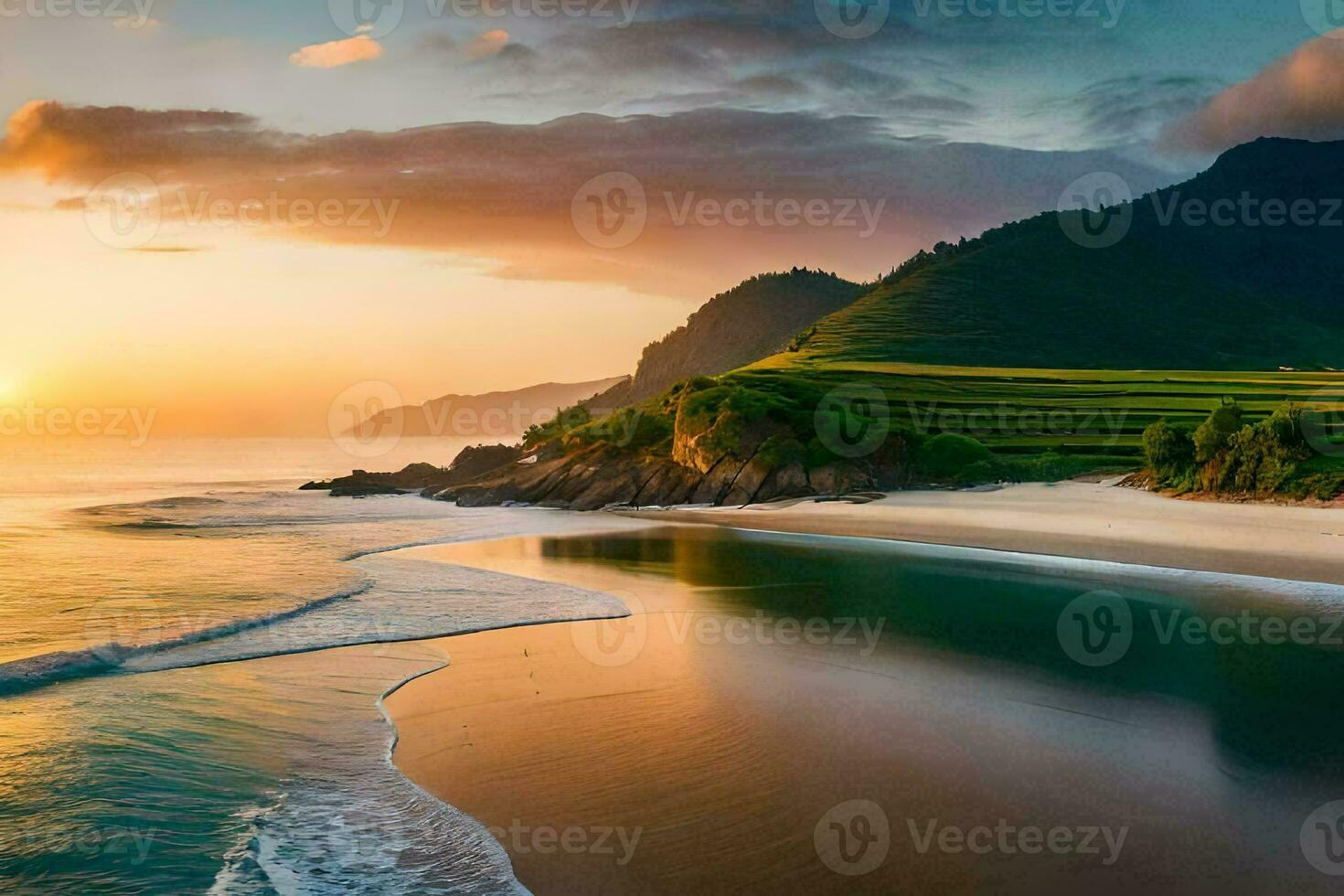 le Soleil ensembles plus de le océan et une plage. généré par ai photo