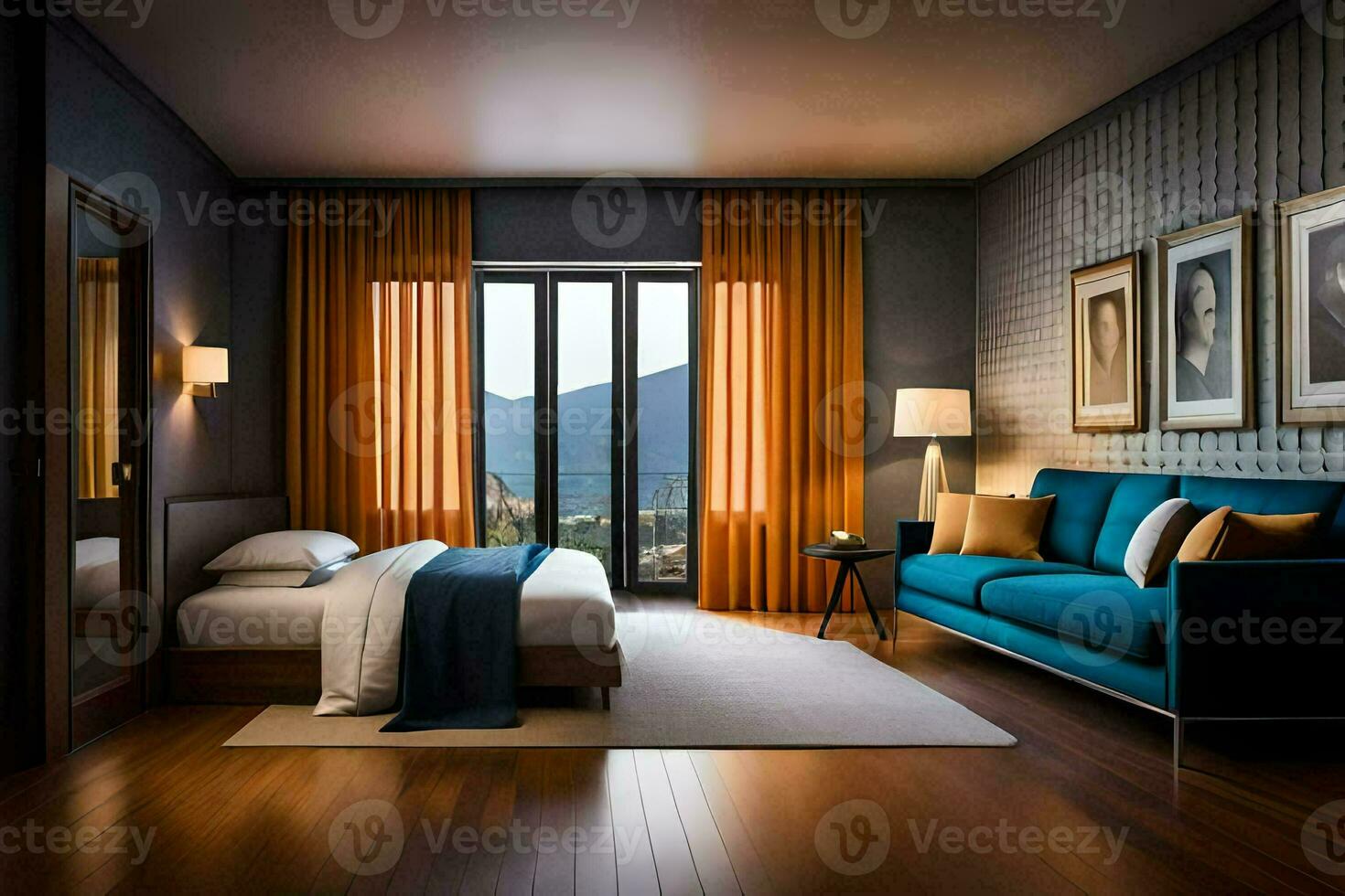 une chambre avec une bleu canapé et Orange rideaux. généré par ai photo