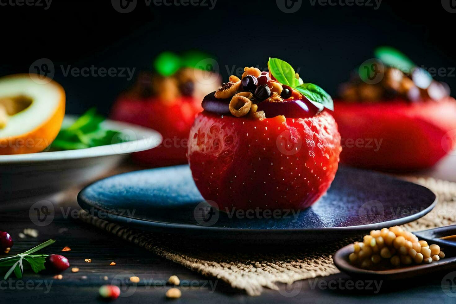 farci rouge pommes sur une assiette avec herbes. généré par ai photo