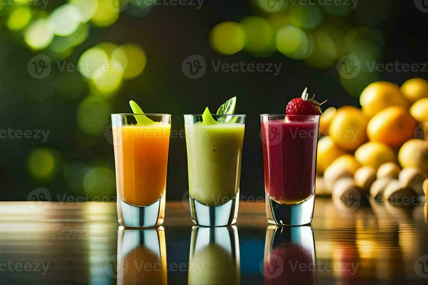 Trois différent les types de jus sur une tableau. généré par ai photo