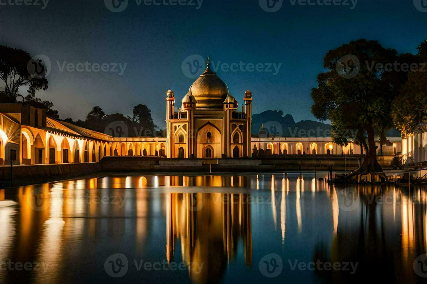 le mosquée à nuit avec reflets dans le l'eau. généré par ai photo