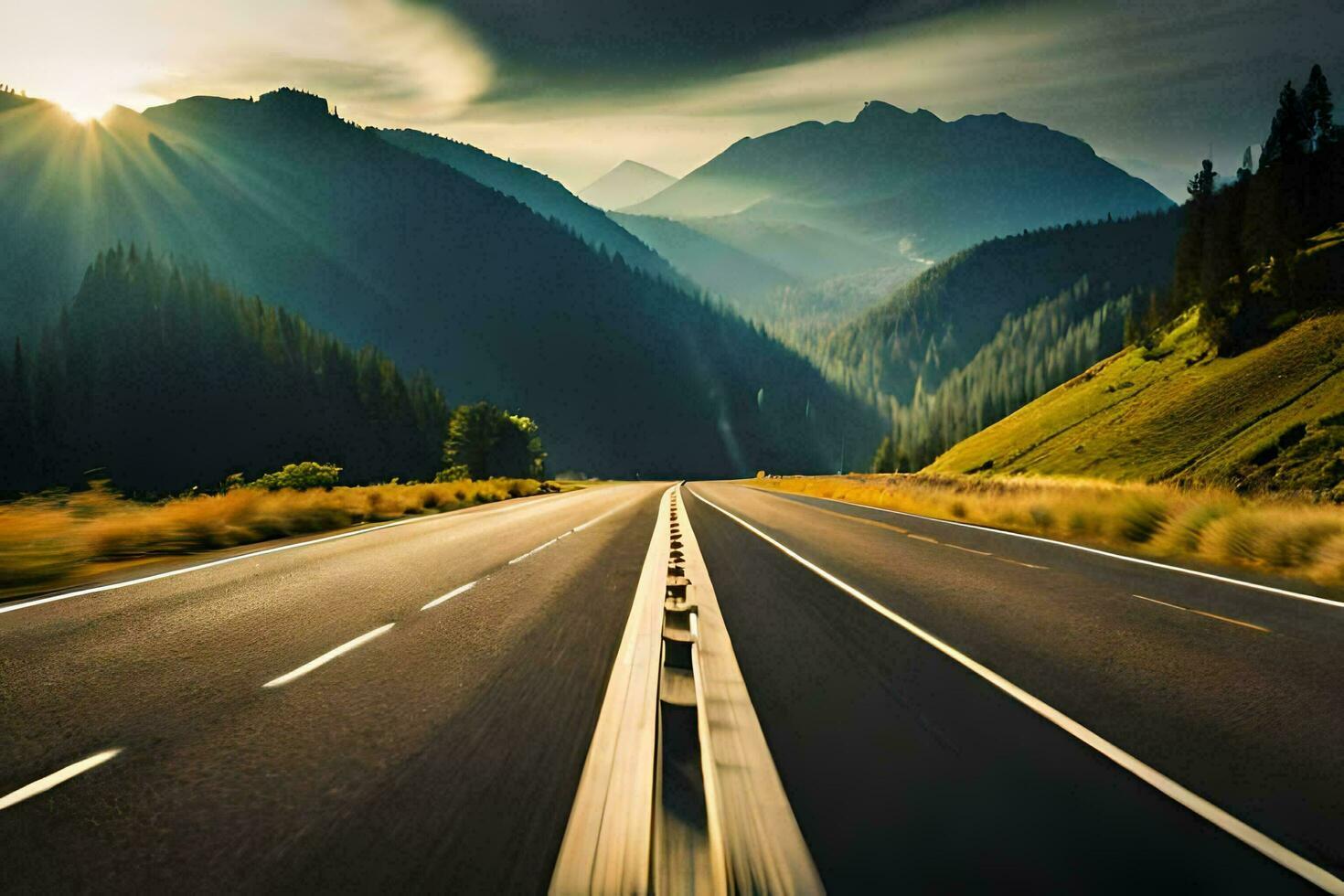 une longue route avec montagnes dans le Contexte. généré par ai photo