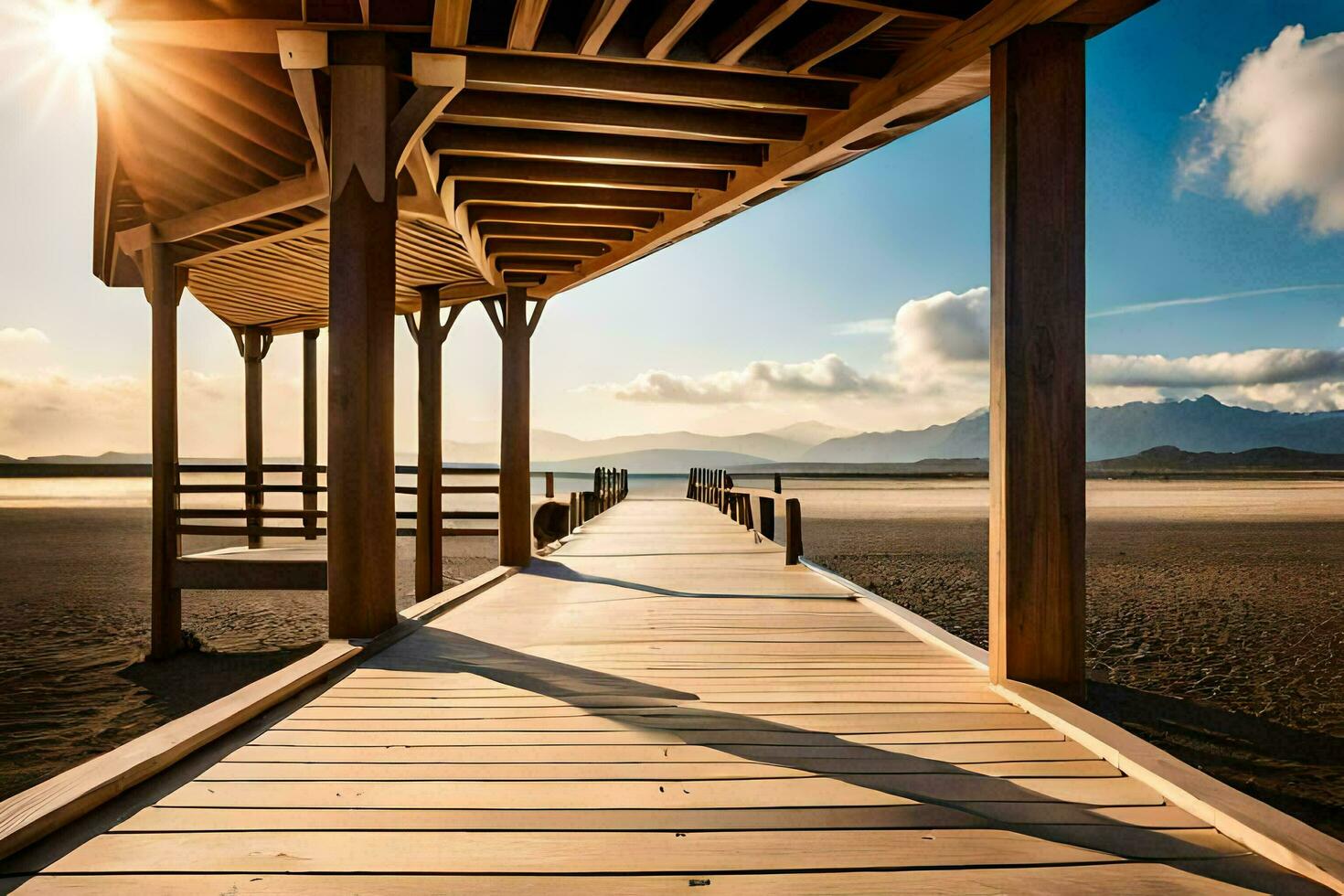 une en bois passerelle pistes à le plage à le coucher du soleil. généré par ai photo