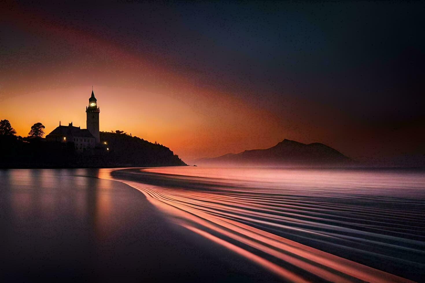 une église la tour est vu dans le distance à le coucher du soleil. généré par ai photo