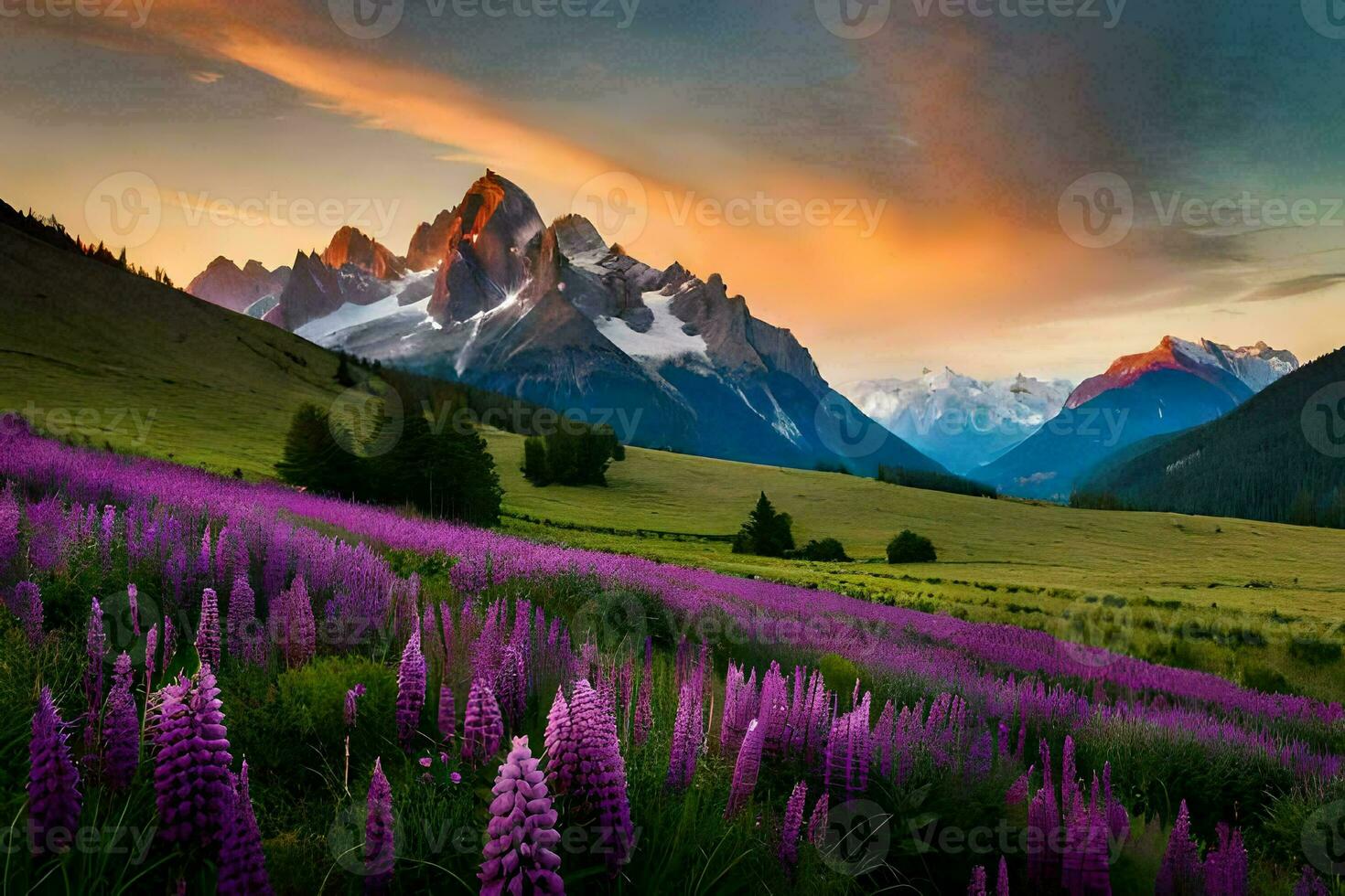 le Soleil ensembles plus de le montagnes et violet fleurs dans le premier plan. généré par ai photo