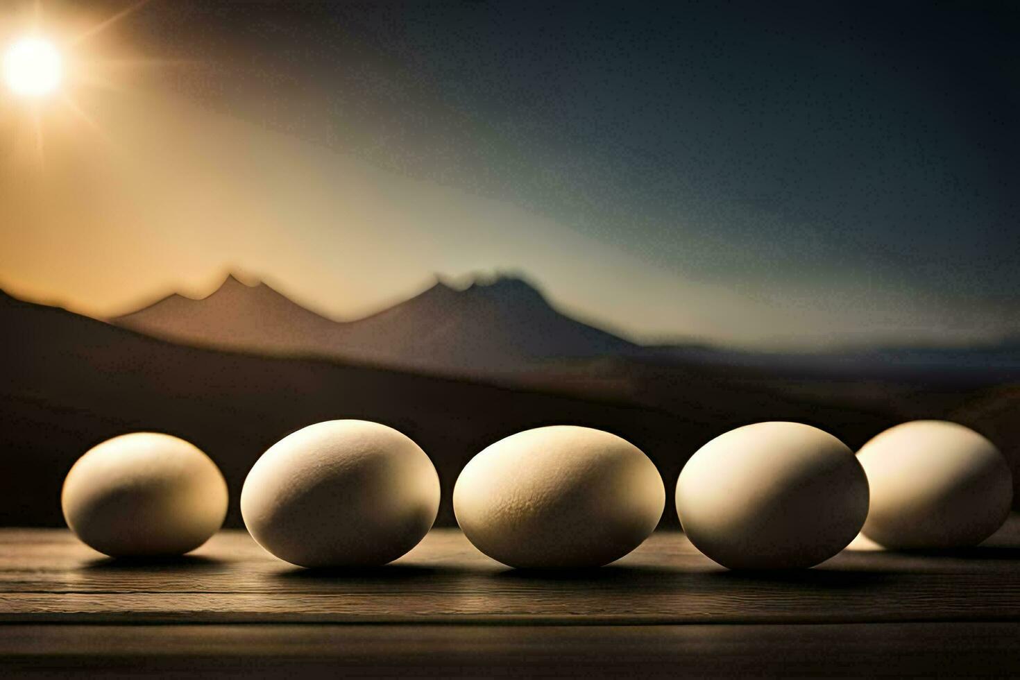 des œufs sur une table avec montagnes dans le Contexte. généré par ai photo
