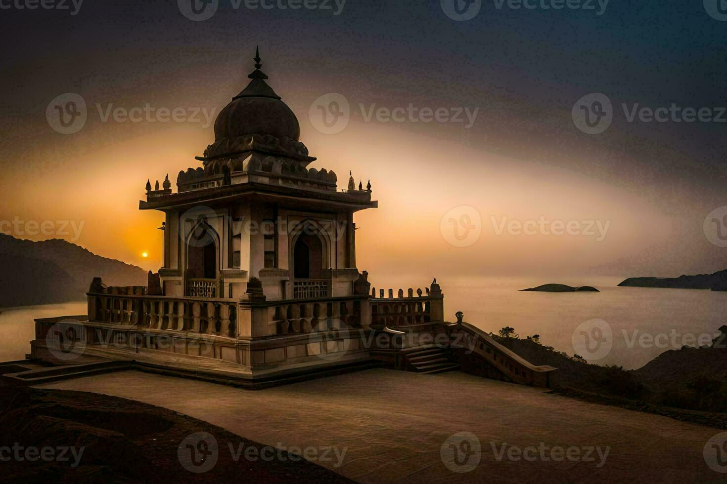 le Soleil ensembles plus de une temple sur Haut de une colline. généré par ai photo