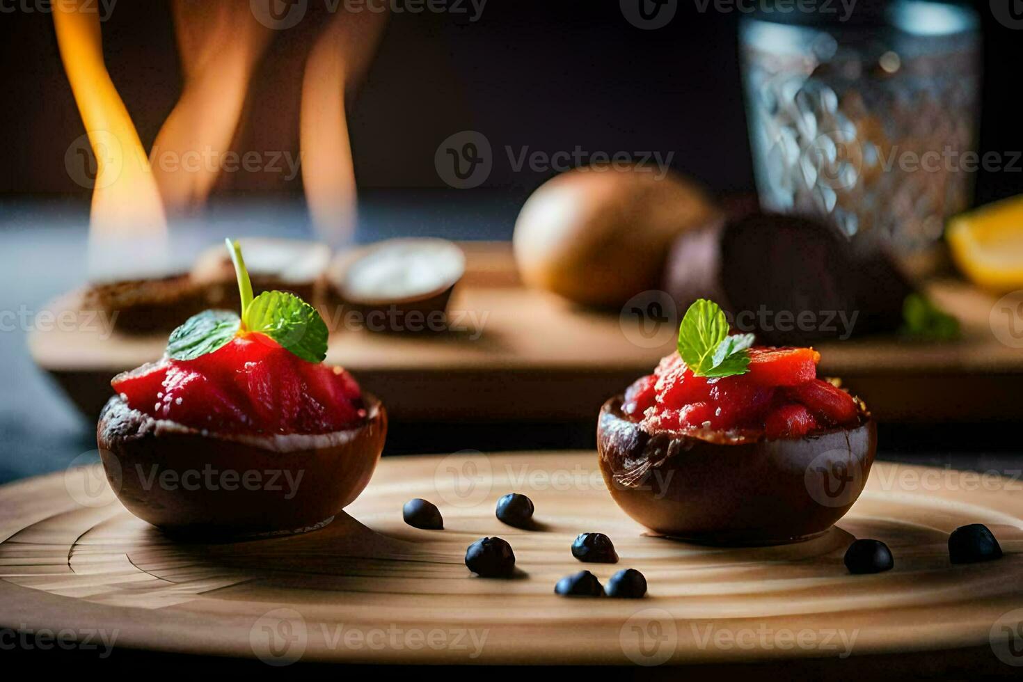 deux Chocolat desserts sur une en bois tableau. généré par ai photo