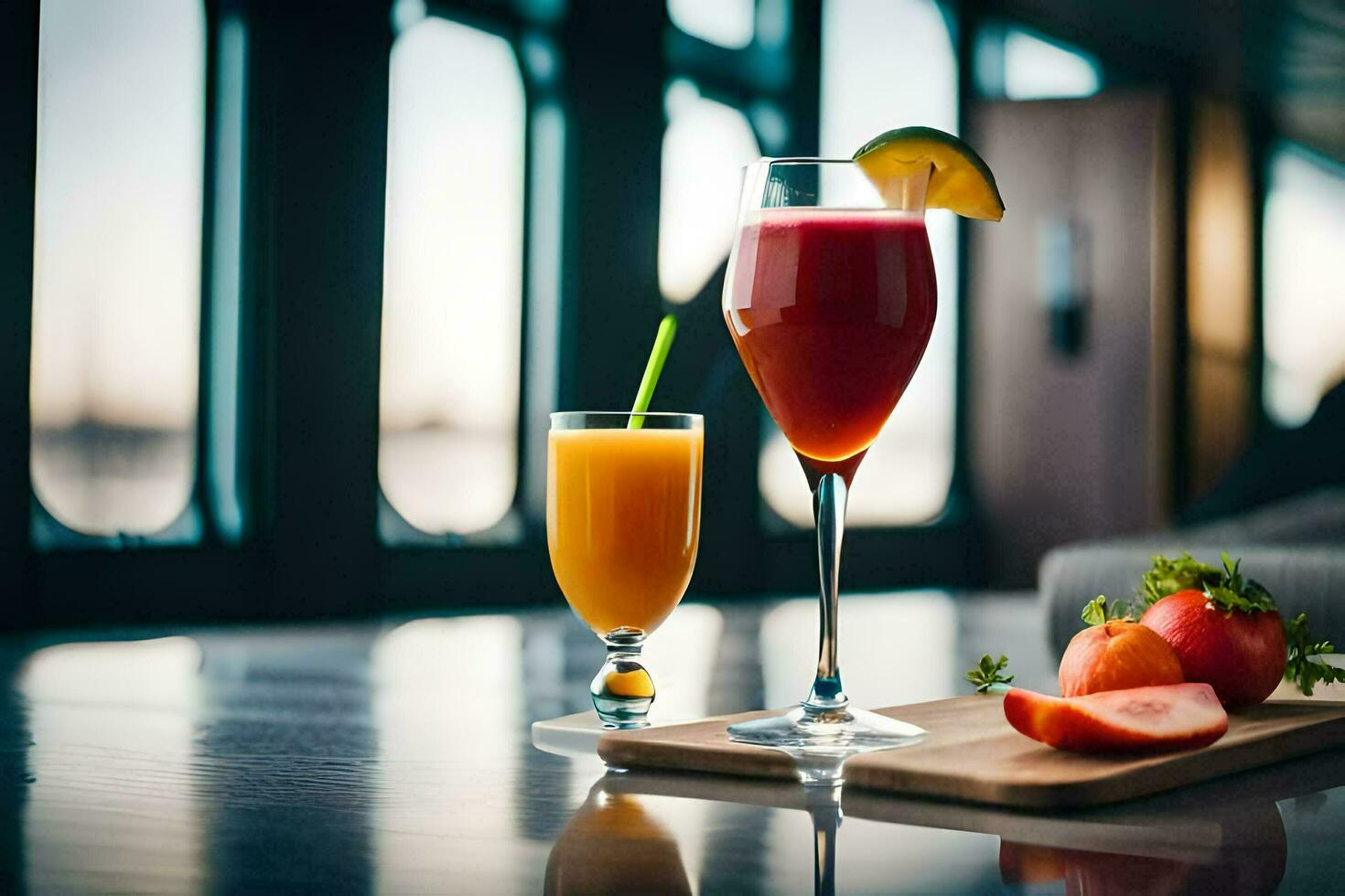 deux des lunettes de jus et une fruit sur une tableau. généré par ai photo