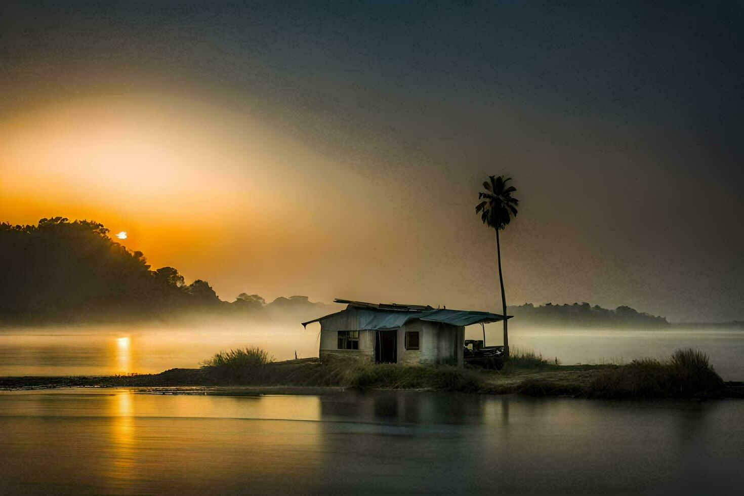 une petit cabane est assis sur le rive de une Lac à lever du soleil. généré par ai photo