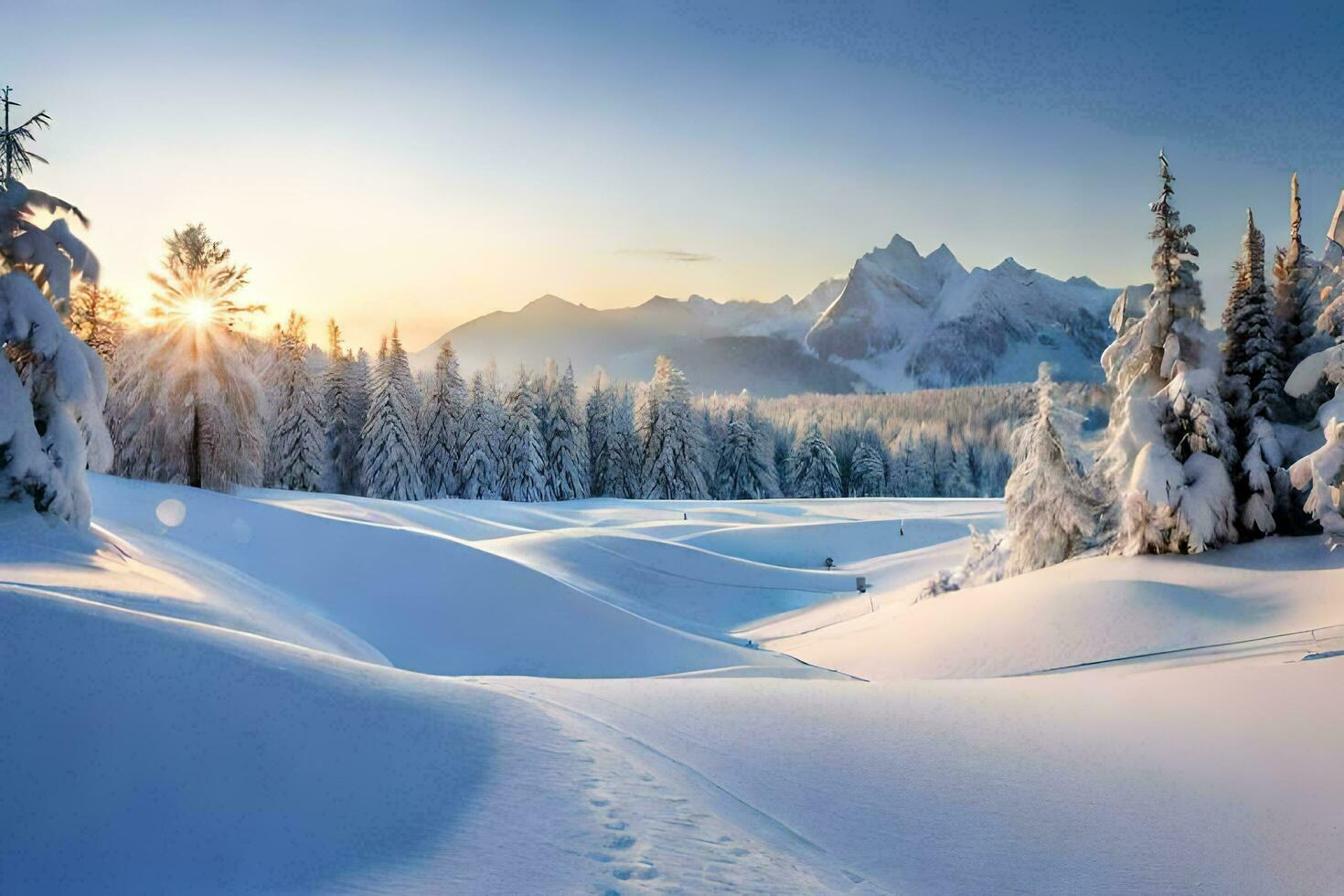 photo fond d'écran le ciel, neige, des arbres, montagnes, soleil, des arbres, le montagnes, le. généré par ai