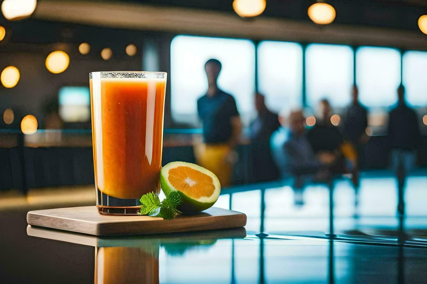 une verre de Orange jus sur une table avec une chaux. généré par ai photo