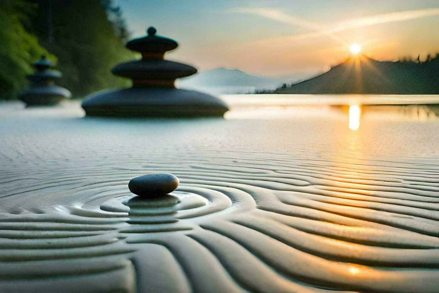 une pierre est séance sur le le sable à le coucher du soleil. généré par ai photo