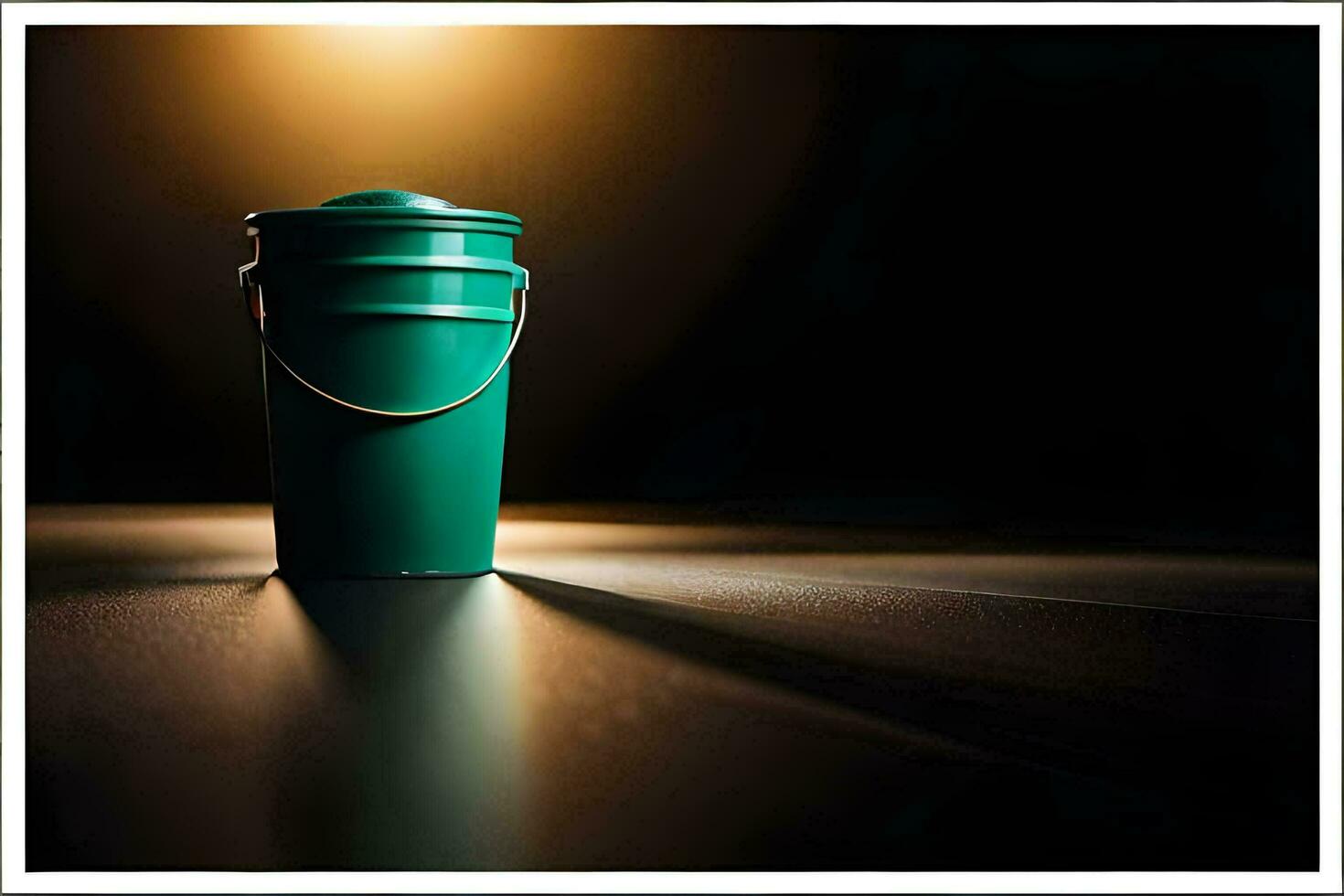 une vert seau séance sur une table dans de face de une lumière. généré par ai photo