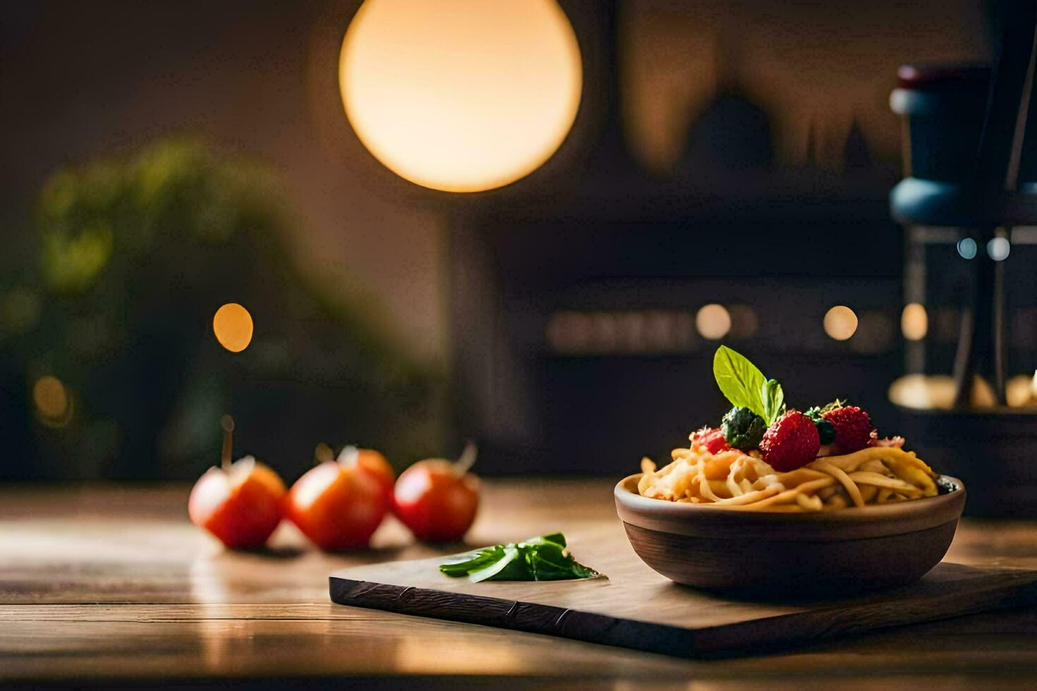 Pâtes avec tomates et basilic sur une en bois tableau. généré par ai photo