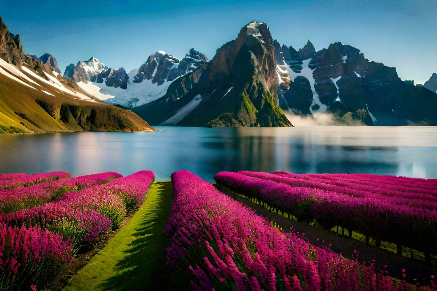 le fleurs de le lupin sont épanouissement dans le montagnes. généré par ai photo