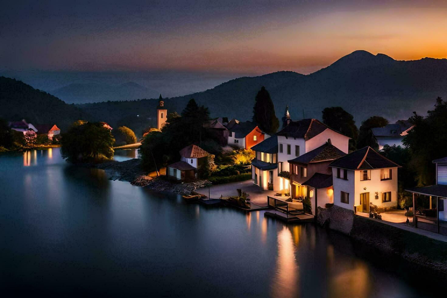 photo fond d'écran le ciel, eau, montagnes, Maisons, lac, coucher de soleil, le ville, lac. généré par ai