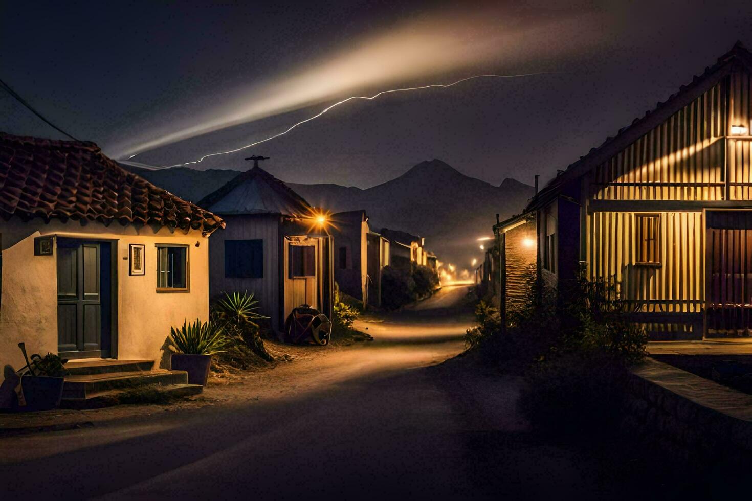 une rue avec Maisons et une Montagne dans le Contexte. généré par ai photo