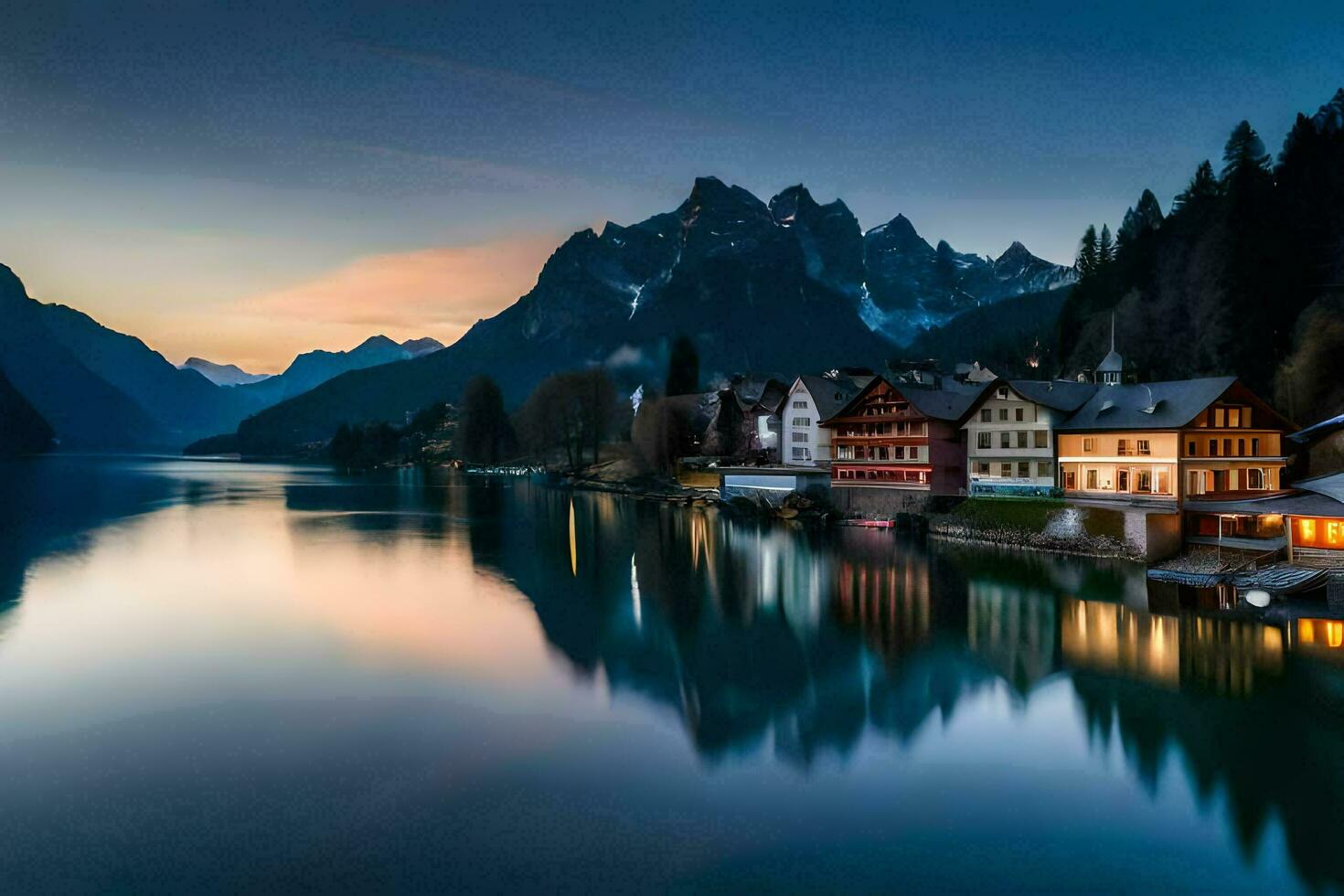 une Lac et Maisons dans le montagnes à crépuscule. généré par ai photo