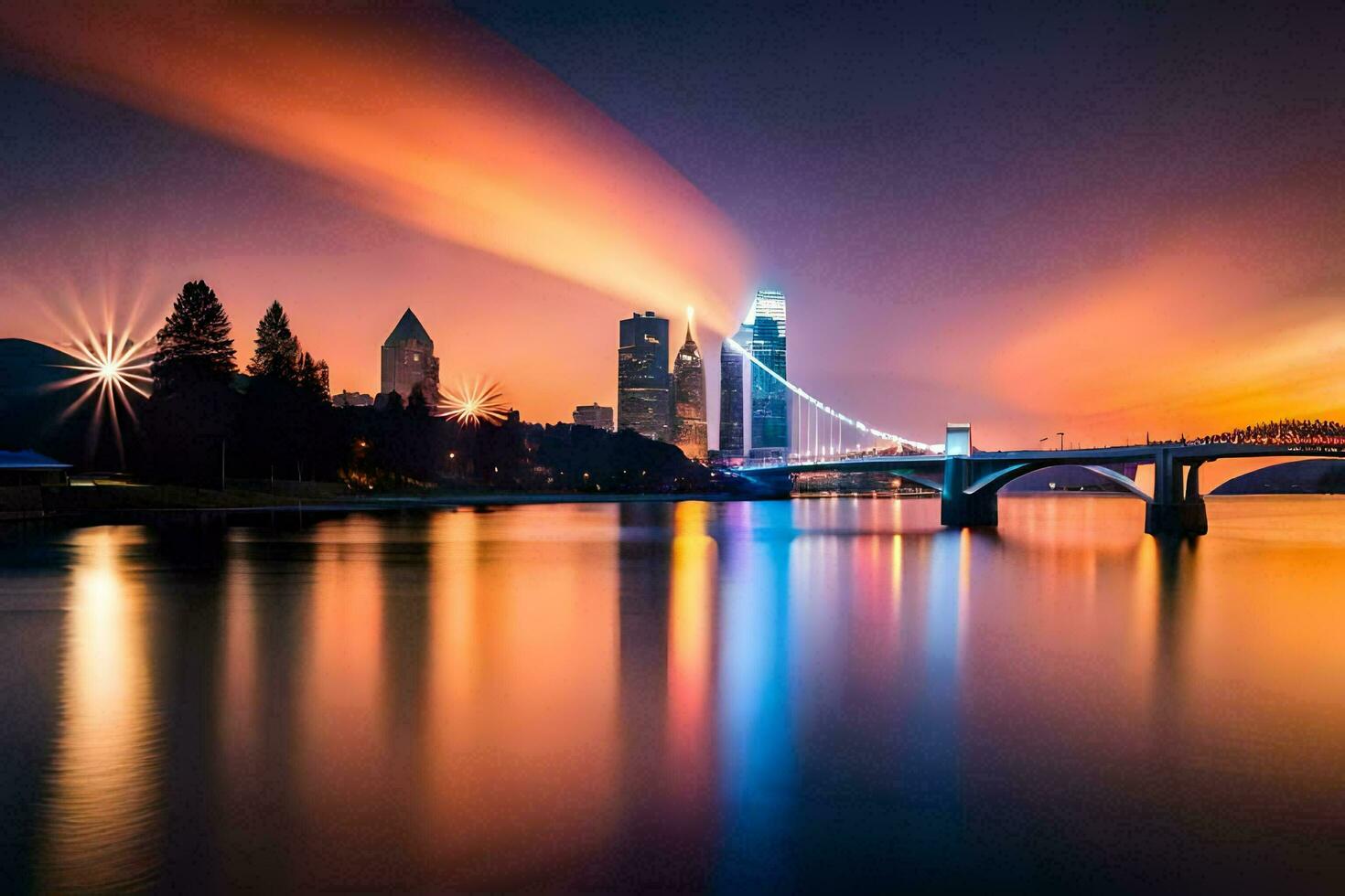 le ville horizon à nuit avec une pont plus de l'eau. généré par ai photo