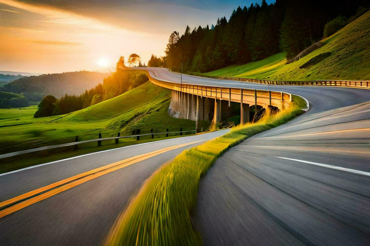 une enroulement route avec le Soleil réglage derrière il. généré par ai photo