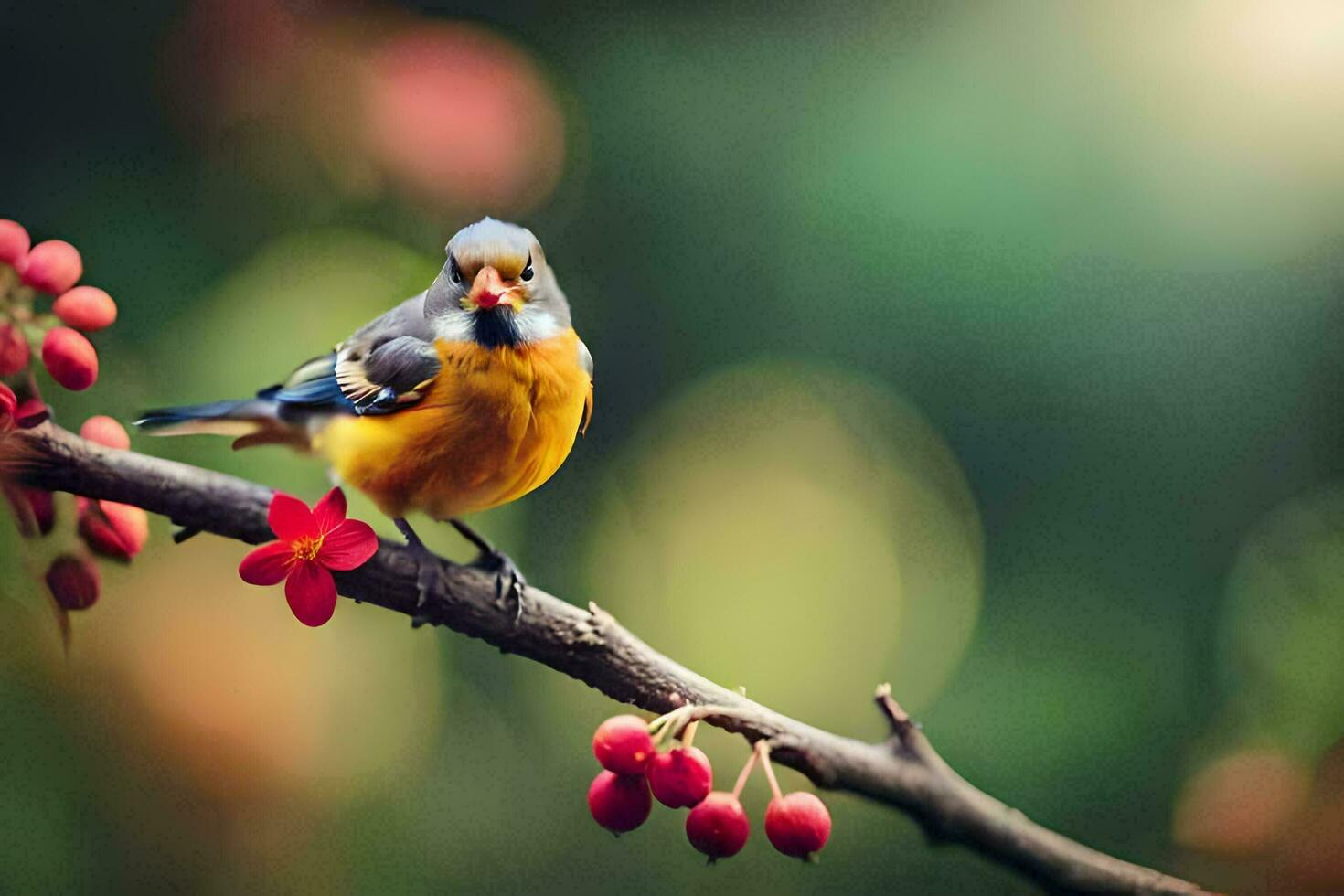 une oiseau est assis sur une branche avec rouge baies. généré par ai photo