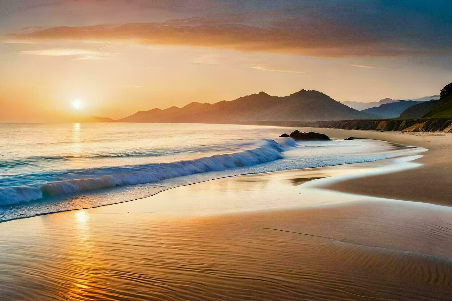 le Soleil ensembles sur le plage dans le Contexte. généré par ai photo