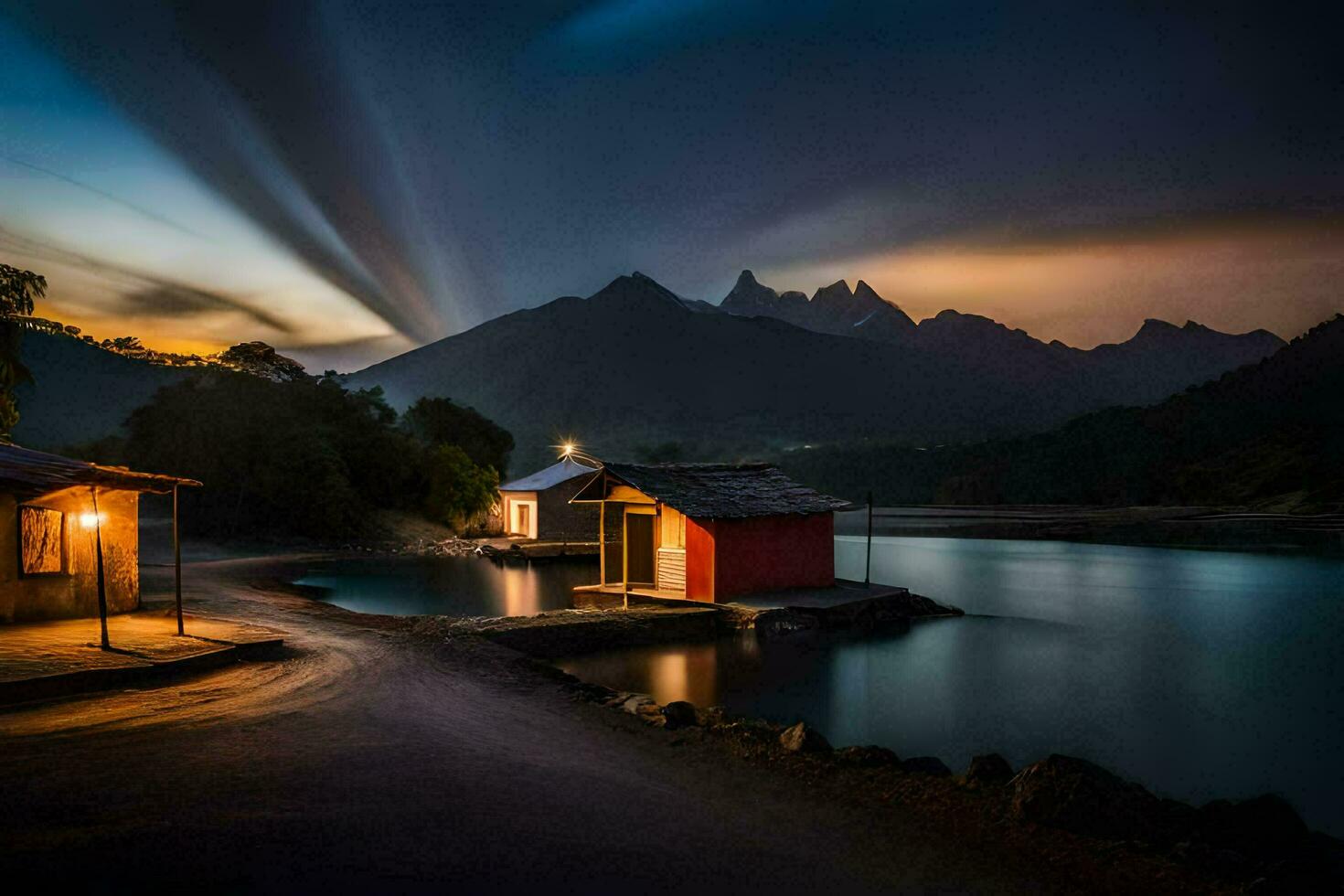 une petit maison est assis sur le rive de une Lac à nuit. généré par ai photo