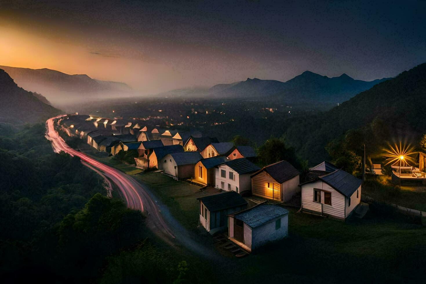 une village à crépuscule avec une longue exposition. généré par ai photo
