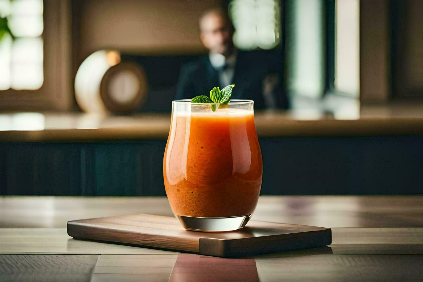 une verre de Orange jus séance sur une en bois tableau. généré par ai photo