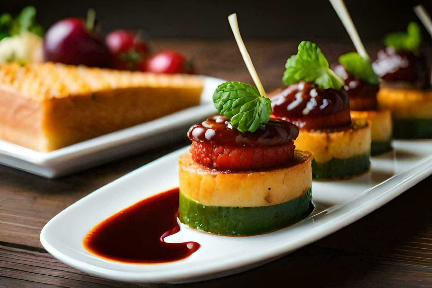 une assiette avec petit apéritifs et une tranche de gâteau. généré par ai photo