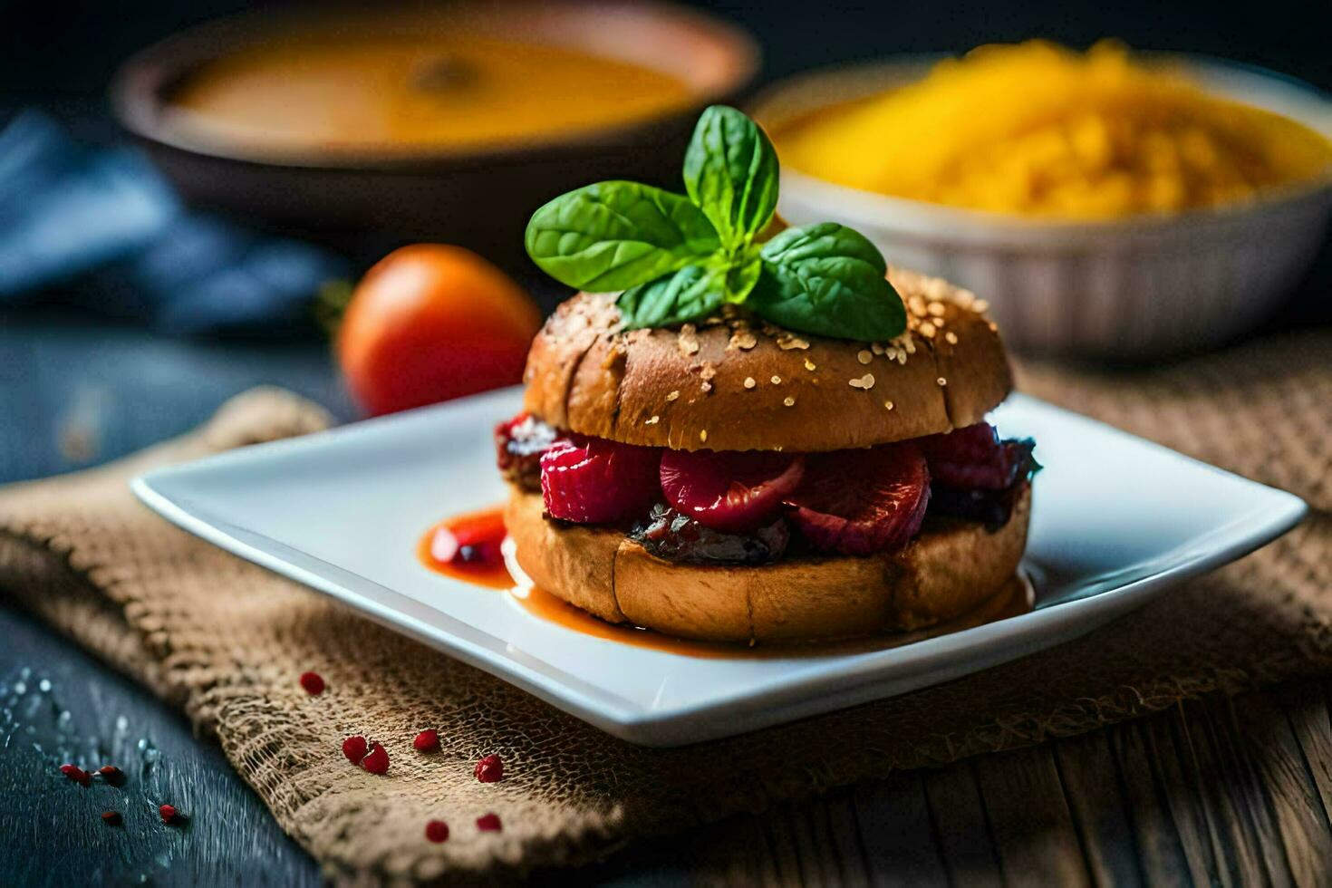 une Hamburger avec une tomate sauce et une garnir. généré par ai photo