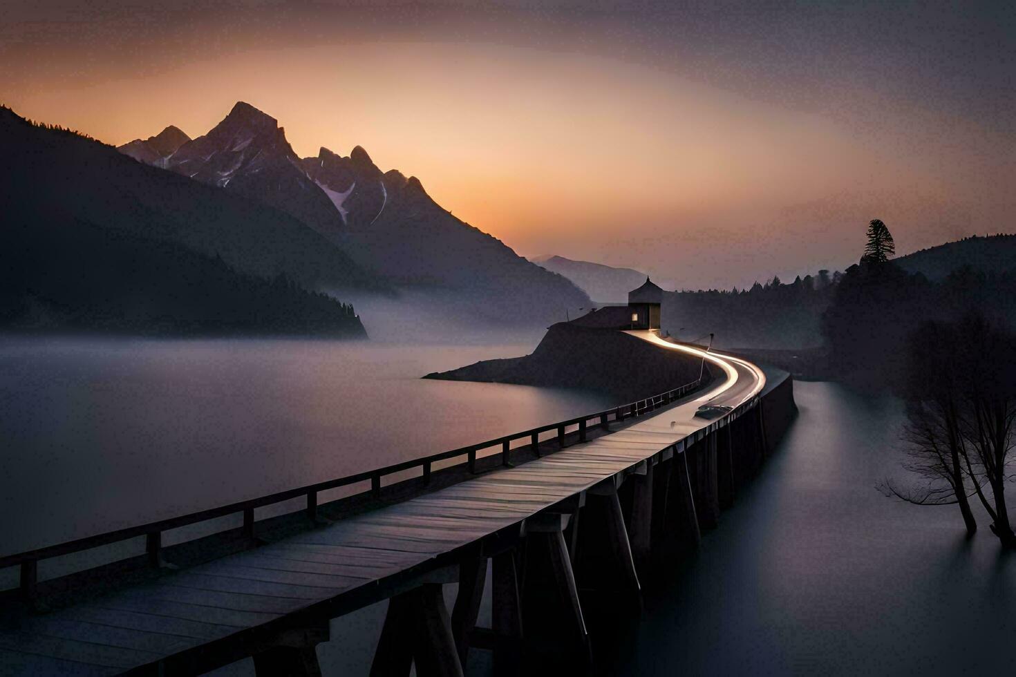 une longue pont plus de une Lac avec montagnes dans le Contexte. généré par ai photo