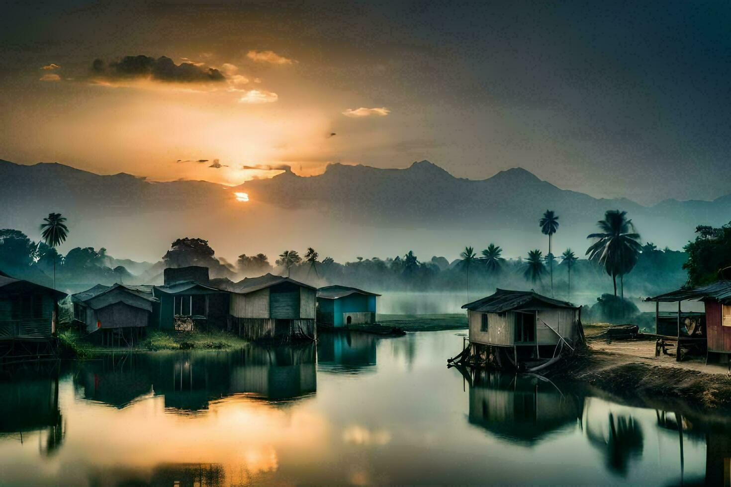 une magnifique lever du soleil plus de une rivière avec Maisons et montagnes dans le Contexte. généré par ai photo