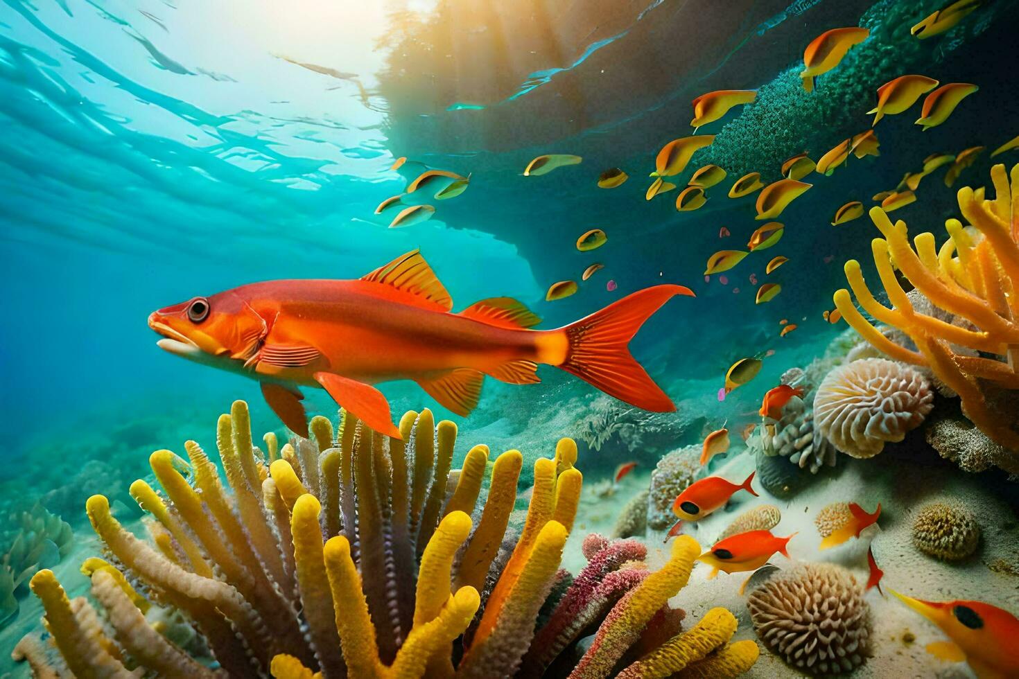 une poisson nage dans le océan avec corail et anémones. généré par ai photo