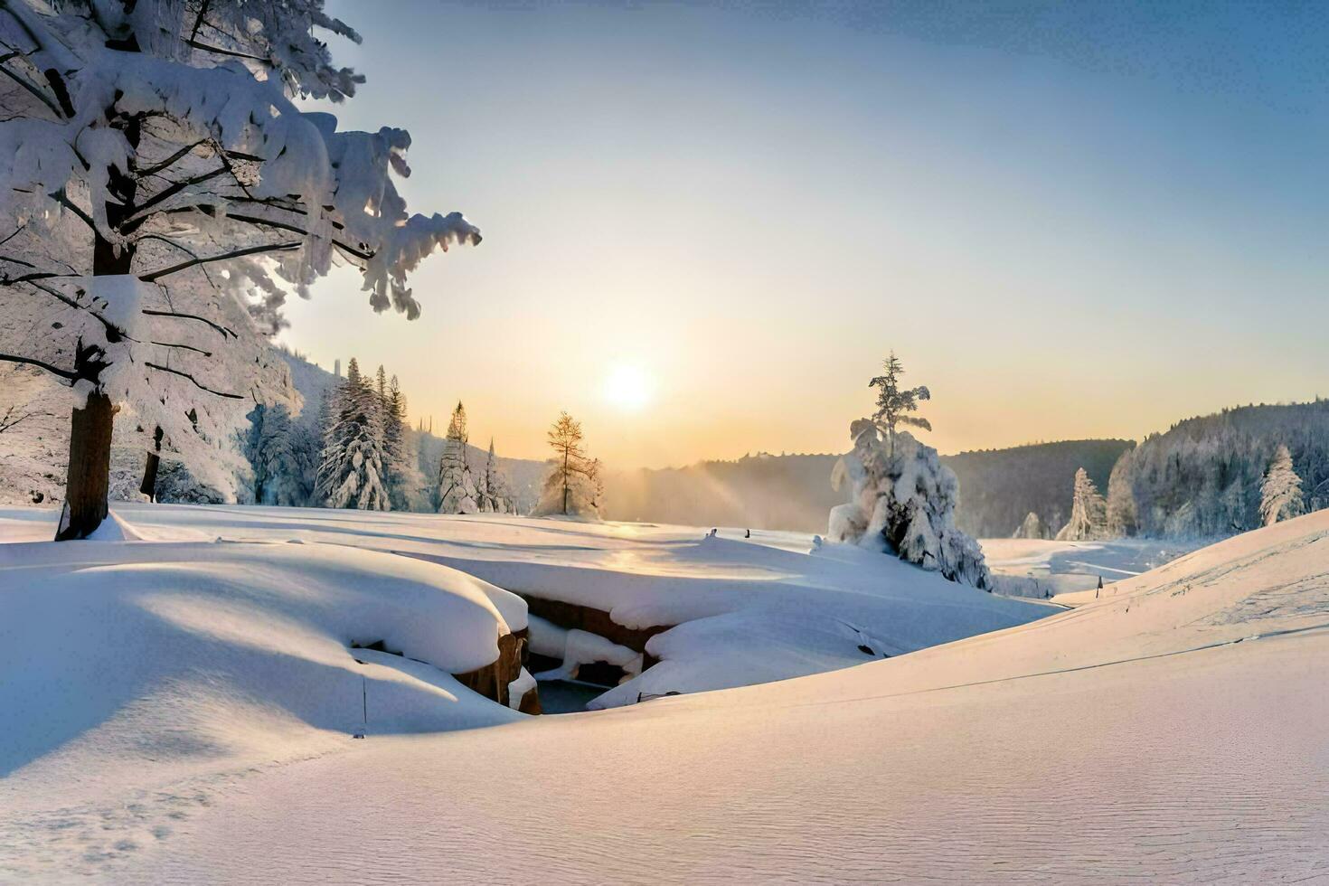 une neigeux paysage avec des arbres et le Soleil. généré par ai photo