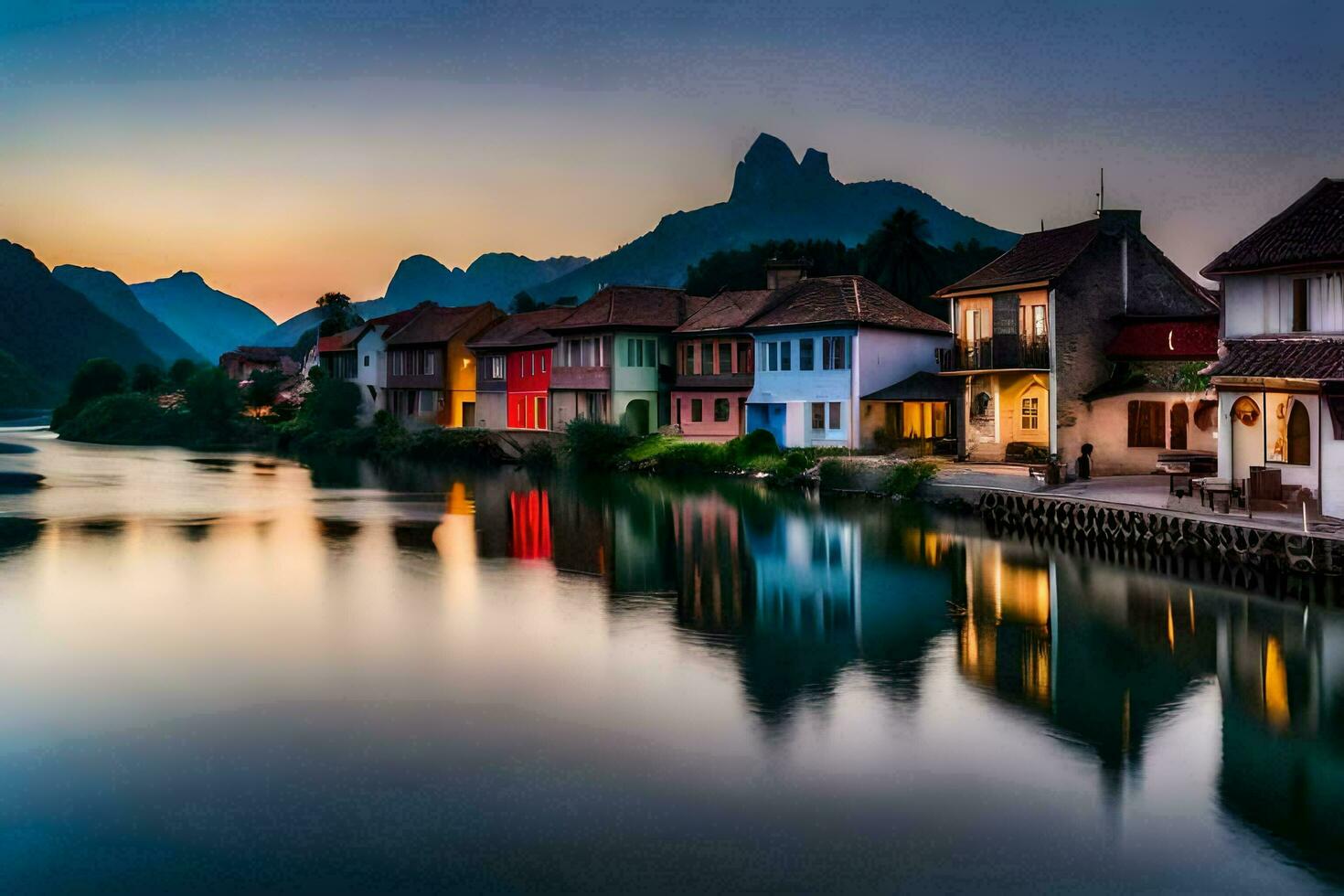 photo fond d'écran le ciel, montagnes, eau, Maisons, rivière, le nuit, le montagnes,. généré par ai