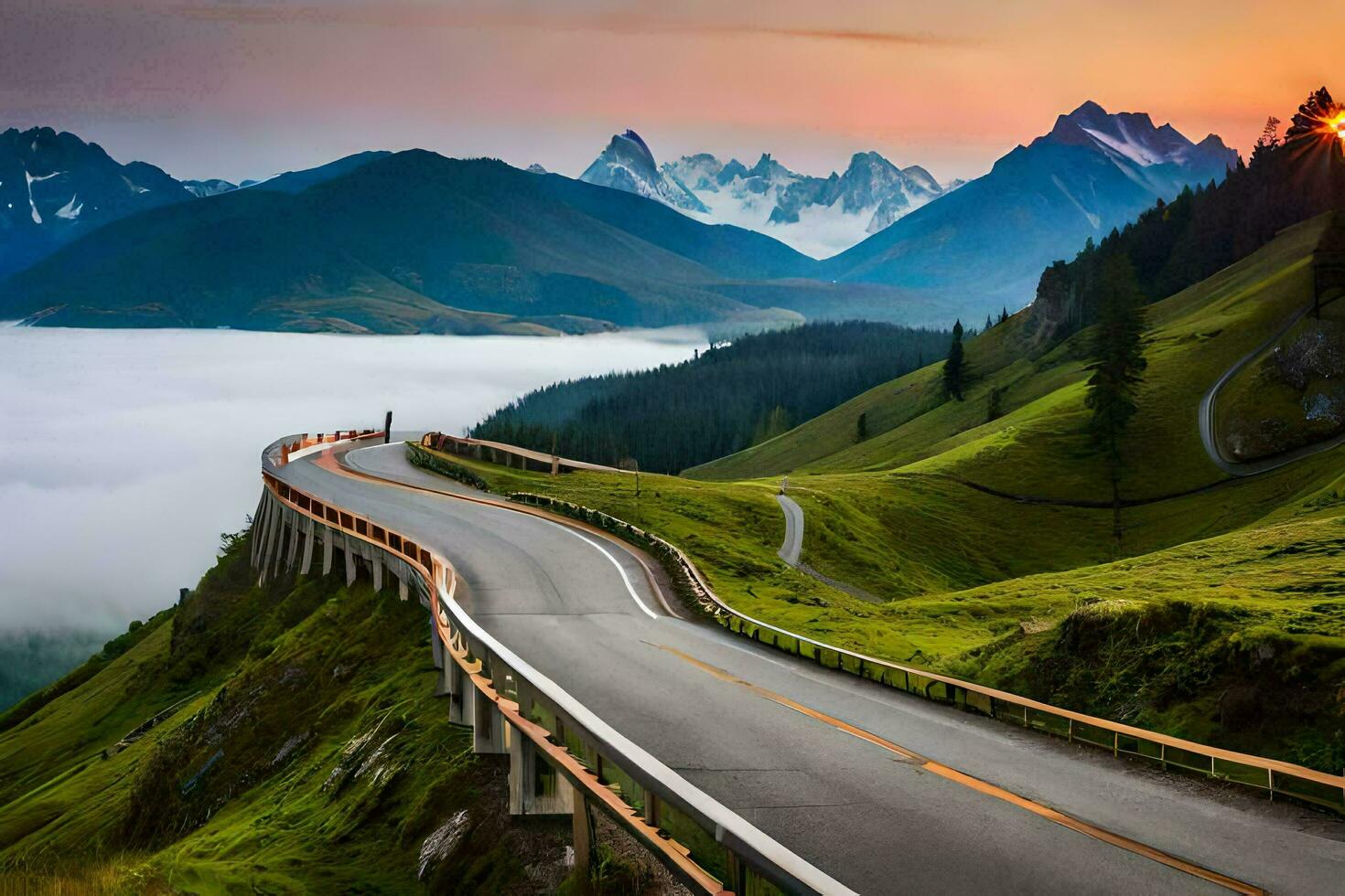 une enroulement route dans le montagnes avec une le coucher du soleil. généré par ai photo