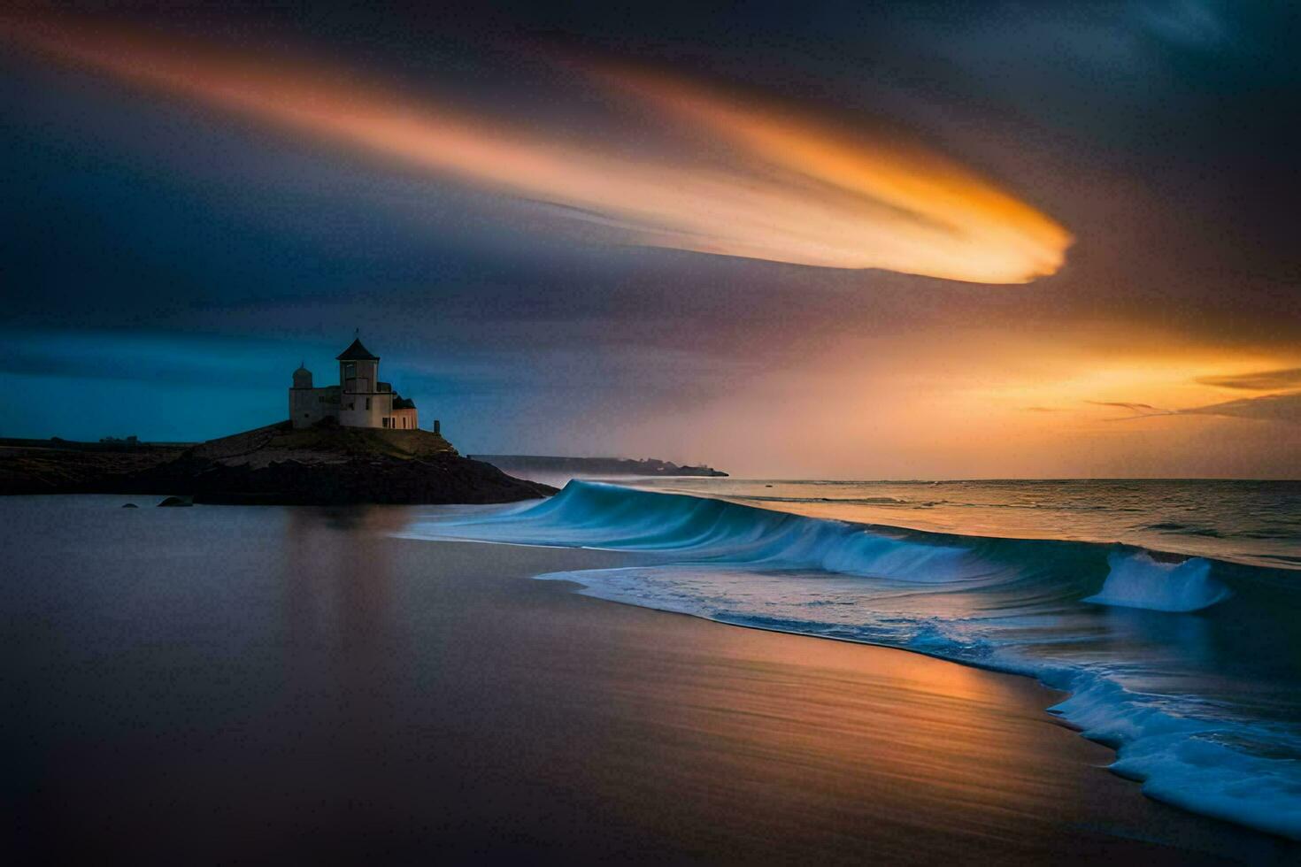 une phare sur le plage à le coucher du soleil. généré par ai photo