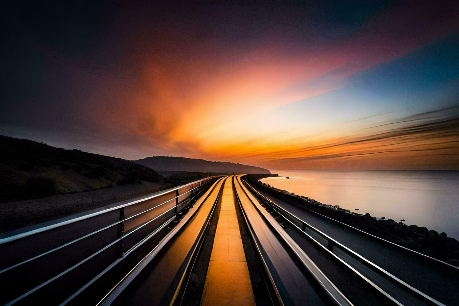 une train Piste Aller plus de le océan à le coucher du soleil. généré par ai photo