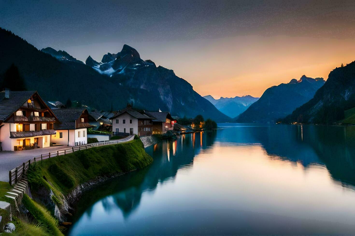 une Lac et Montagne village à le coucher du soleil. généré par ai photo