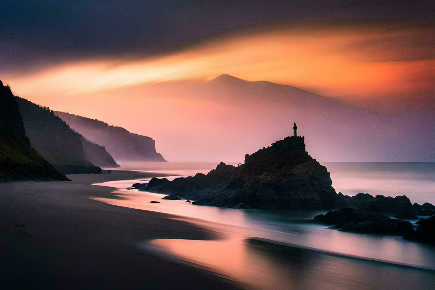 une seul la personne des stands sur une rocheux plage à le coucher du soleil. généré par ai photo