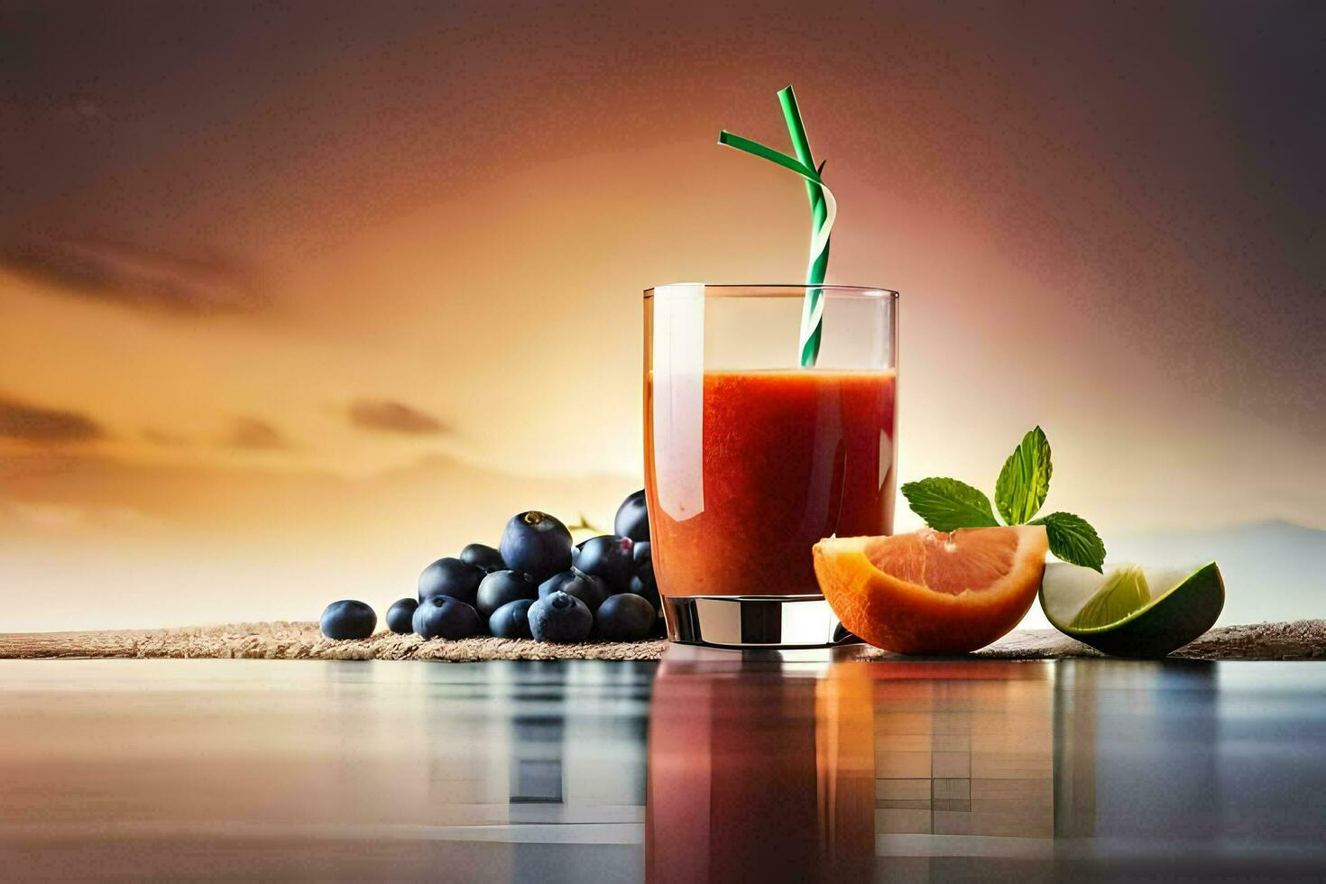 une verre de jus avec fruit et une paille. généré par ai photo