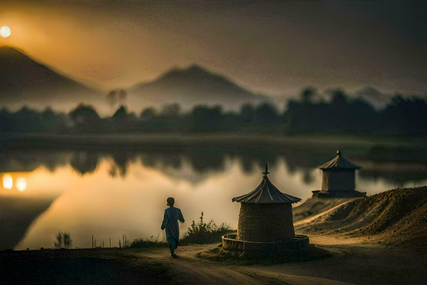 une homme des promenades le long de le rive de une Lac à le coucher du soleil. généré par ai photo