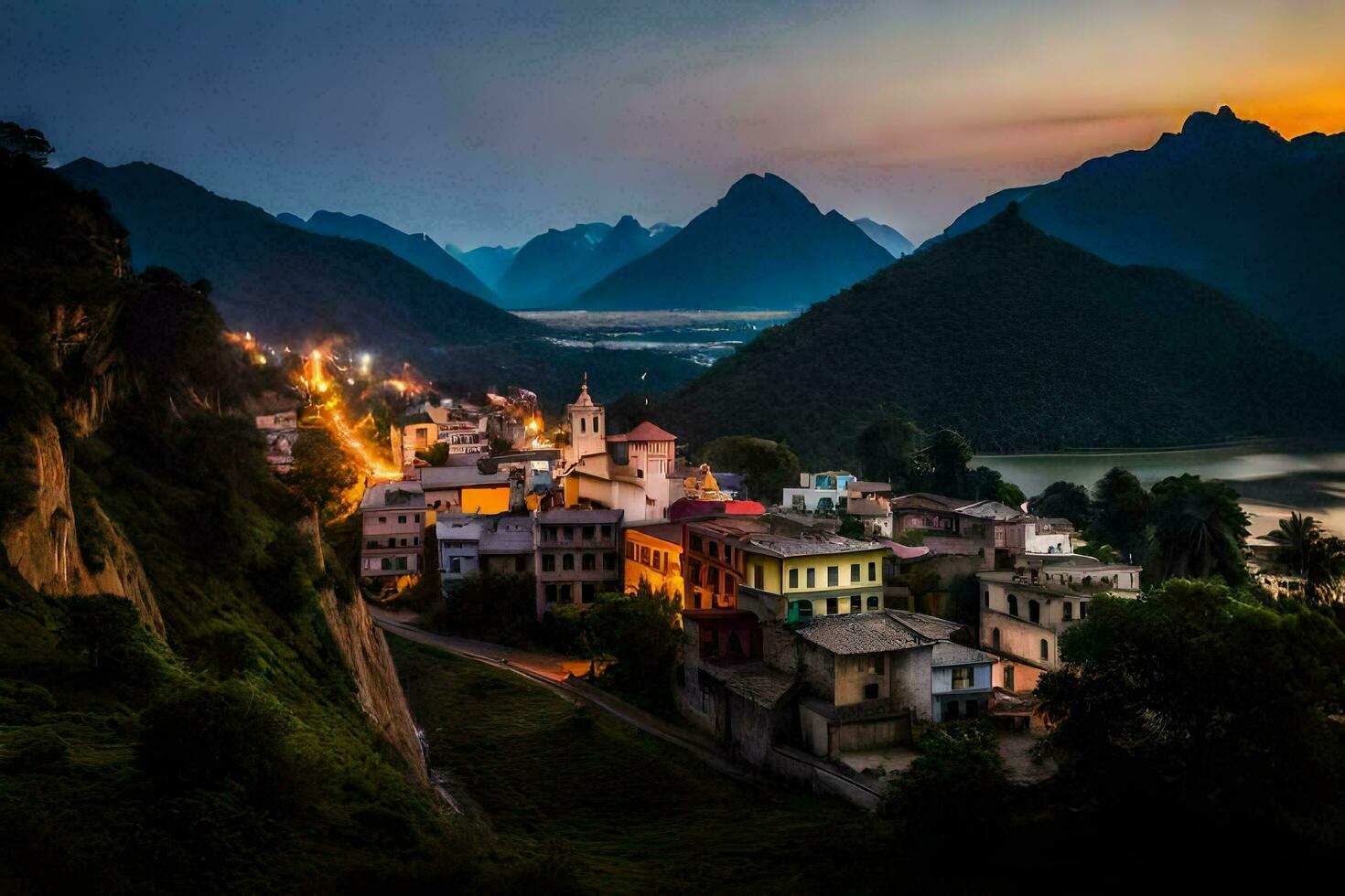 une village dans le montagnes à crépuscule. généré par ai photo