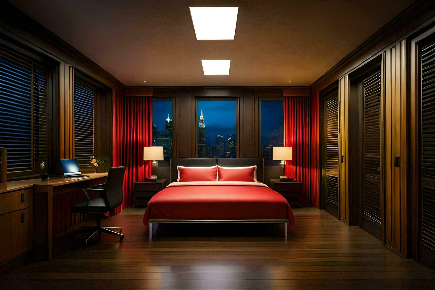 une chambre avec une rouge lit et en bois étages. généré par ai photo